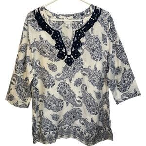 Liz Claiborne Paisley Tunic Blouse Crochet Trim Boho Resort Top Womens XL Cotton